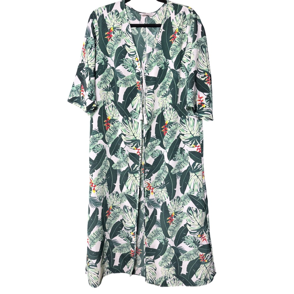 Rachel Zoe Tropical Palm Leaf Kimono Duster Green White Floral SP18BOSC01 Sz OS
